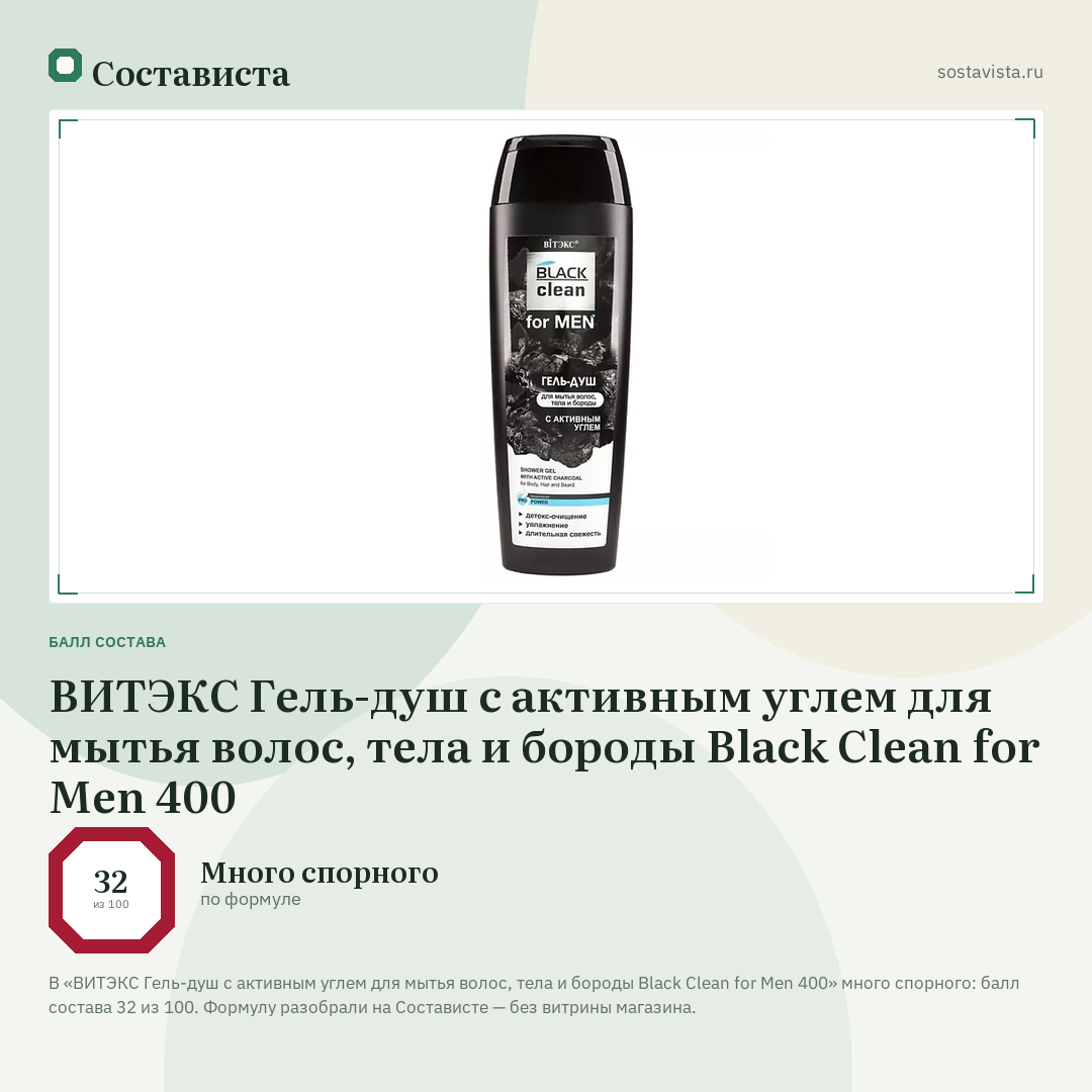 ВИТЭКС Гель-душ с активным углем для мытья волос, тела и бороды Black Clean for Men 400: балл состава 32 из 100 — Состависта