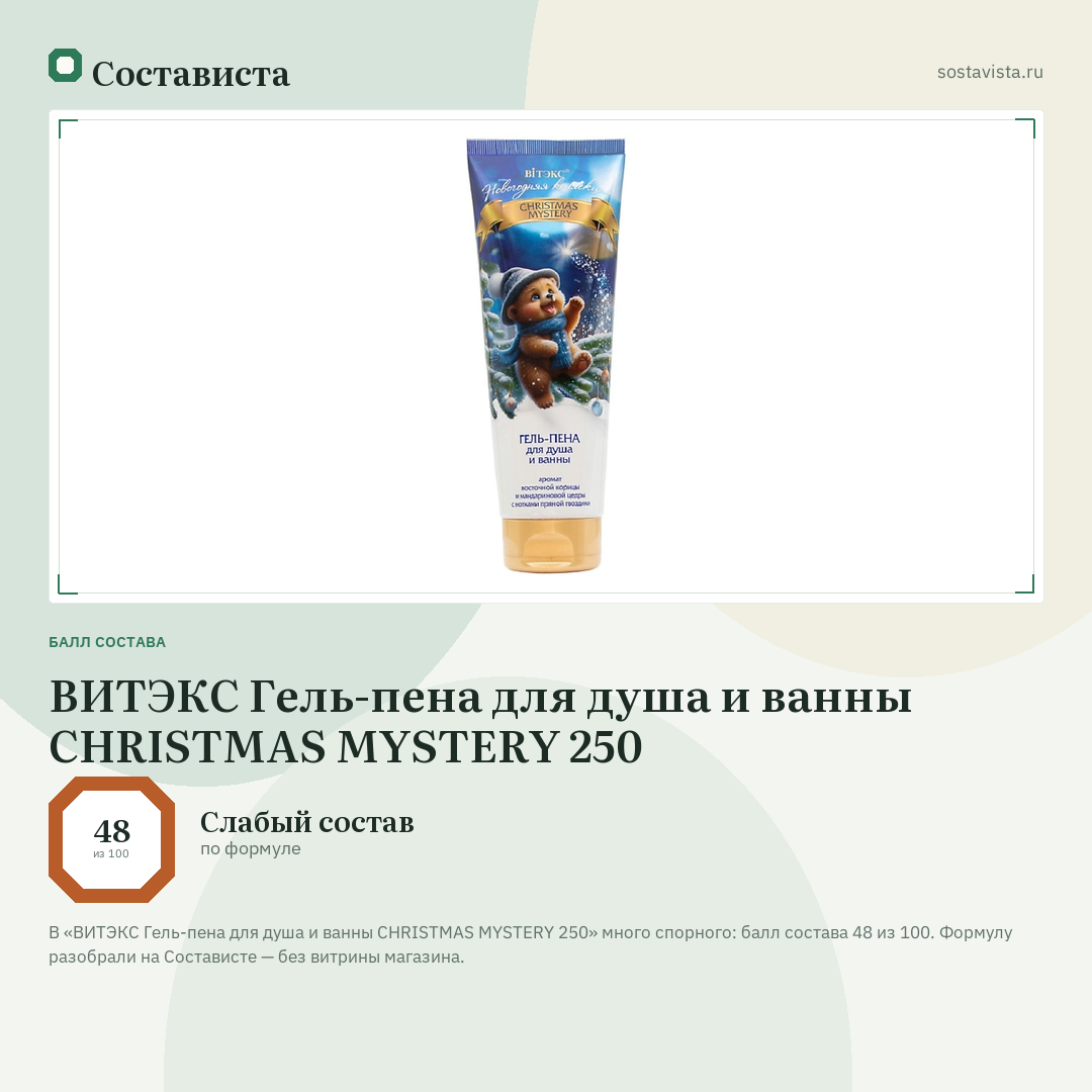 ВИТЭКС Гель-пена для душа и ванны CHRISTMAS MYSTERY 250: балл состава 48 из 100 — Состависта