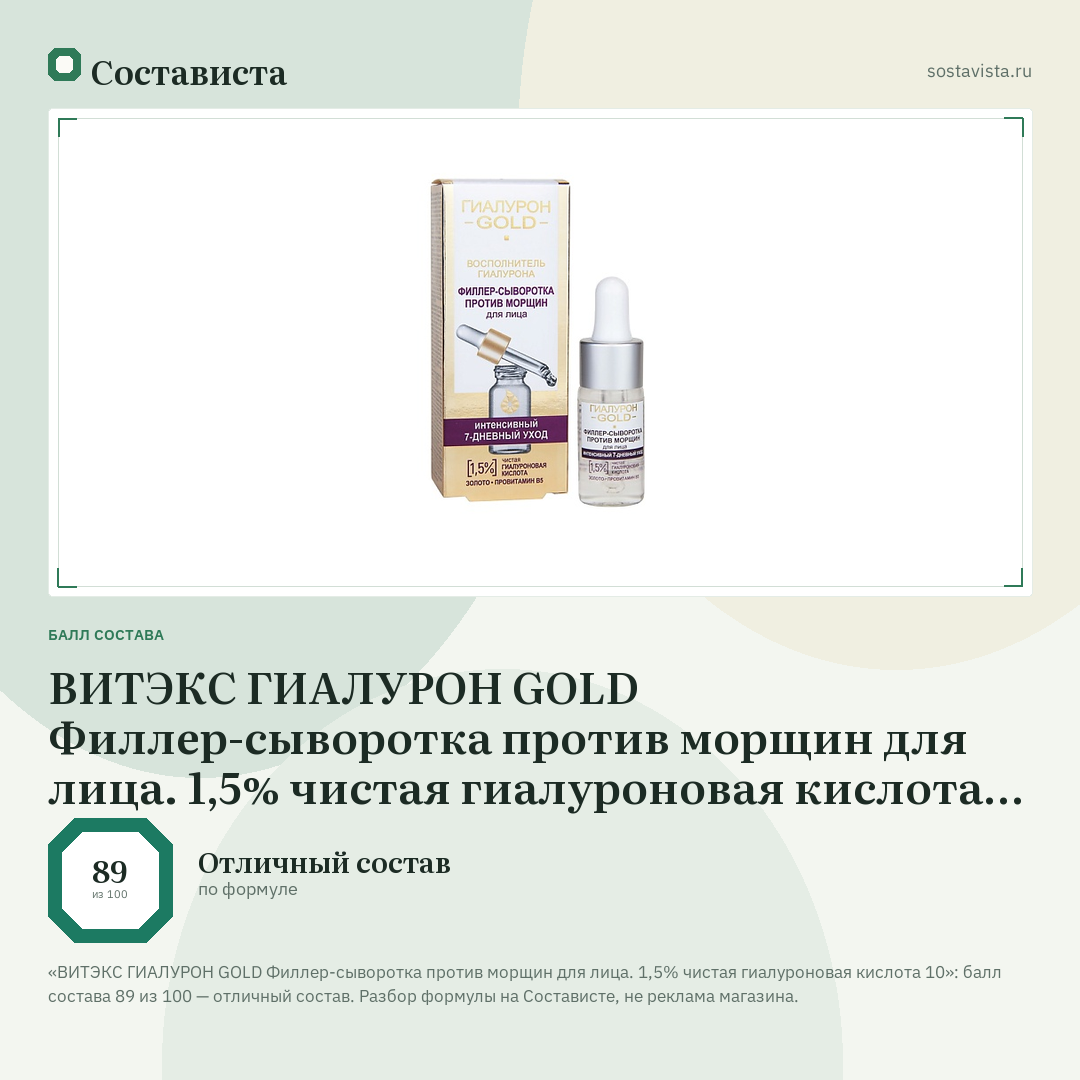 ВИТЭКС ГИАЛУРОН GOLD Филлер-сыворотка против морщин для лица. 1,5% чистая гиалуроновая кислота 10: балл состава 89 из 100 — Состависта