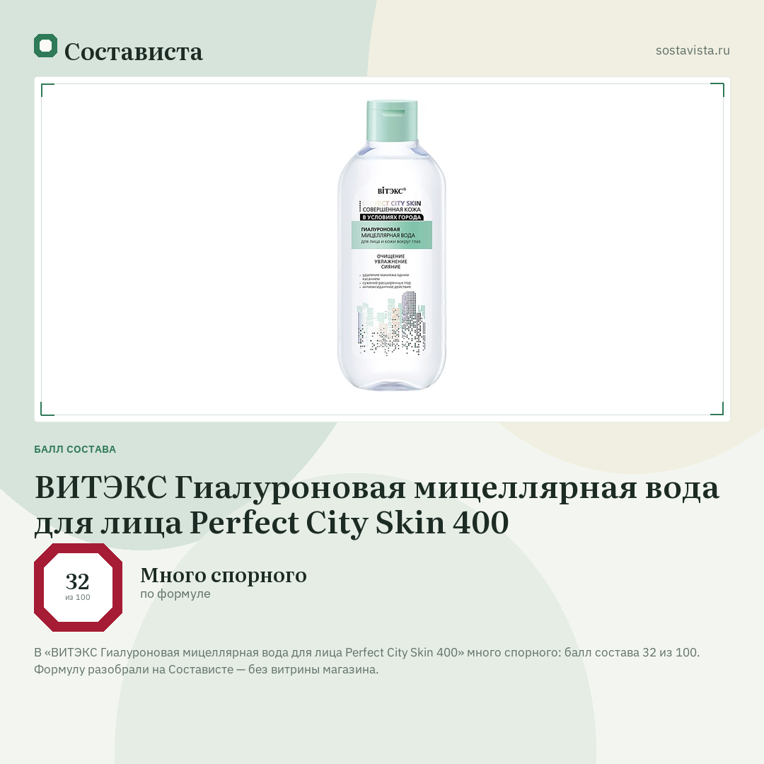 ВИТЭКС Гиалуроновая мицеллярная вода для лица Perfect City Skin 400: балл состава 32 из 100 — Состависта