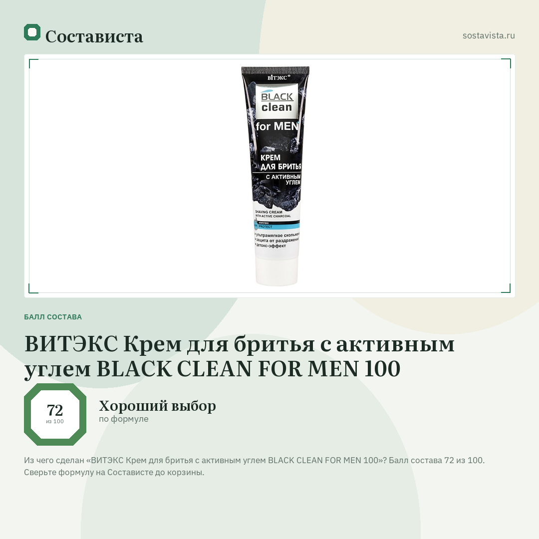 ВИТЭКС Крем для бритья с активным углем BLACK CLEAN FOR MEN 100: балл состава 72 из 100 — Состависта