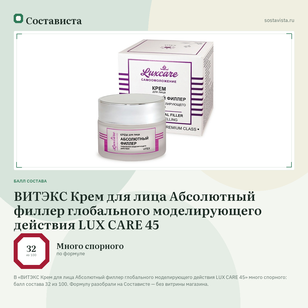 ВИТЭКС Крем для лица Абсолютный филлер глобального моделирующего действия LUX CARE 45: балл состава 32 из 100 — Состависта
