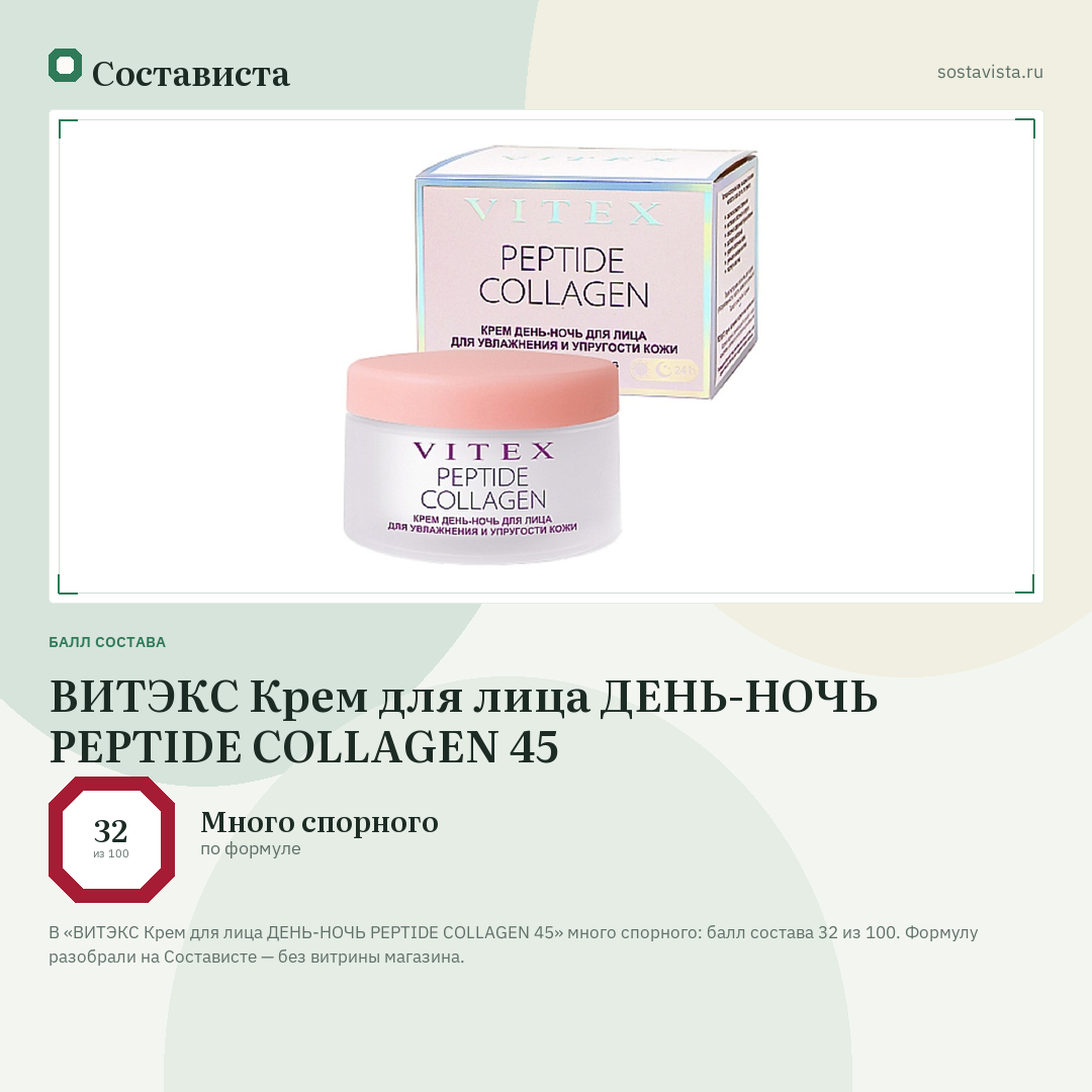 ВИТЭКС Крем для лица ДЕНЬ-НОЧЬ PEPTIDE COLLAGEN 45: балл состава 32 из 100 — Состависта
