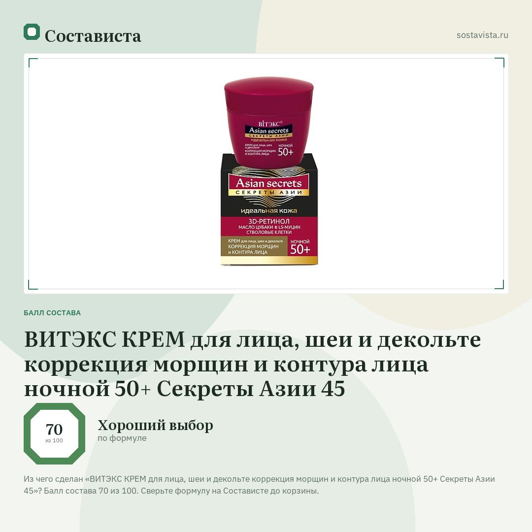 ВИТЭКС КРЕМ для лица, шеи и декольте коррекция морщин и контура лица ночной 50+ Секреты Азии 45: балл состава 70 из 100 — Состависта