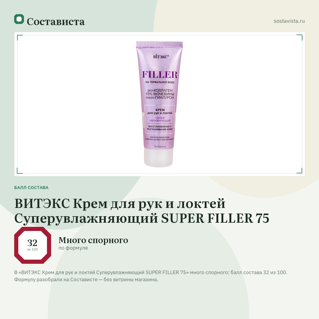 ВИТЭКС Крем для рук и локтей Суперувлажняющий SUPER FILLER 75: балл состава 32 из 100 — Состависта