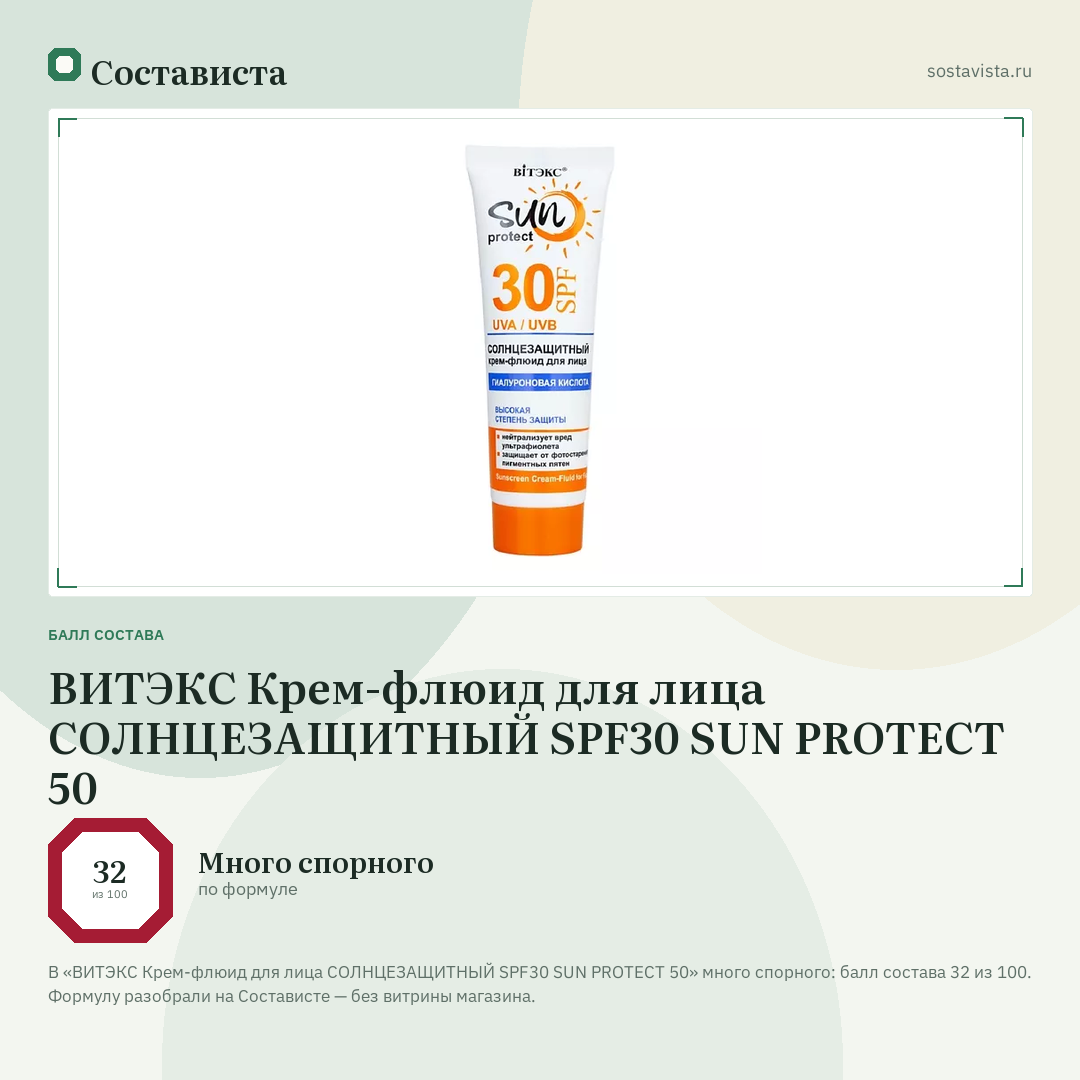 ВИТЭКС Крем-флюид для лица СОЛНЦЕЗАЩИТНЫЙ SPF30 SUN PROTECT 50: балл состава 32 из 100 — Состависта