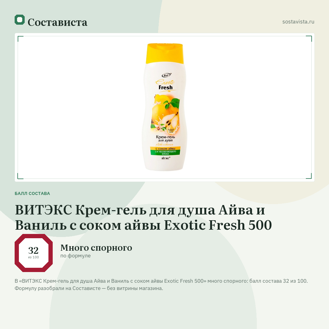 ВИТЭКС Крем-гель для душа Айва и Ваниль с соком айвы Exotic Fresh 500: балл состава 32 из 100 — Состависта