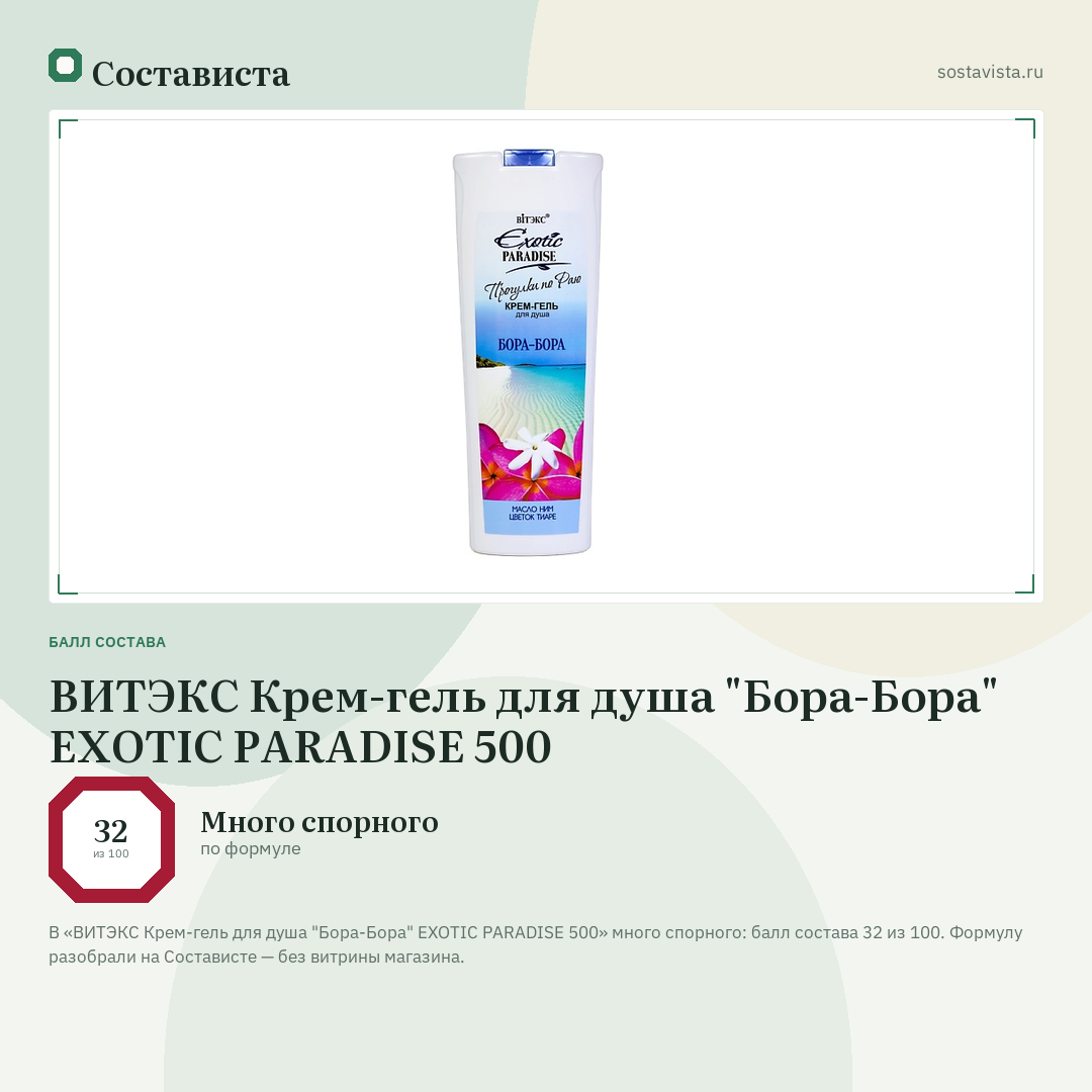 ВИТЭКС Крем-гель для душа "Бора-Бора" EXOTIC PARADISE 500: балл состава 32 из 100 — Состависта