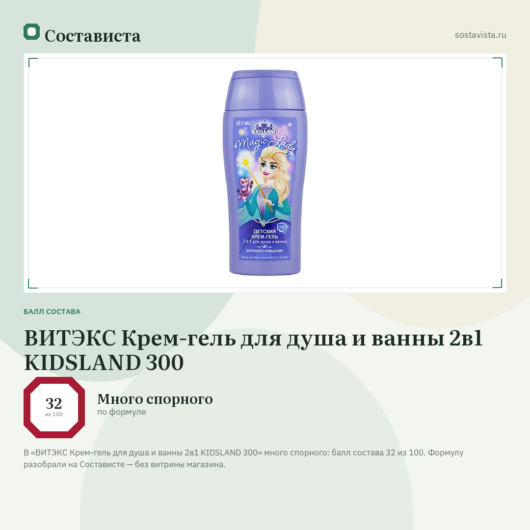 ВИТЭКС Крем-гель для душа и ванны 2в1 KIDSLAND 300: балл состава 32 из 100 — Состависта