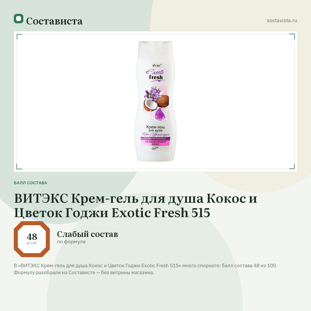 ВИТЭКС Крем-гель для душа Кокос и Цветок Годжи Exotic Fresh 515: балл состава 48 из 100 — Состависта