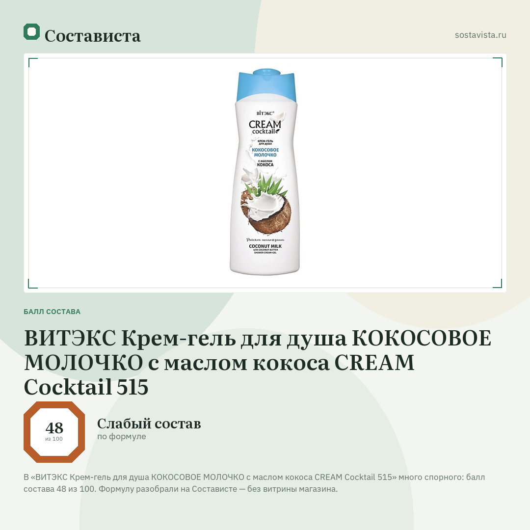 ВИТЭКС Крем-гель для душа КОКОСОВОЕ МОЛОЧКО с маслом кокоса CREAM Cocktail 515: балл состава 48 из 100 — Состависта