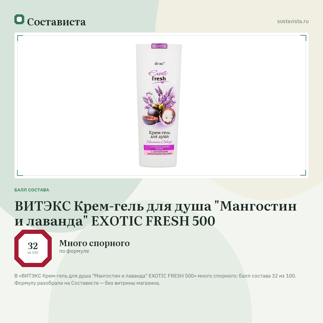 ВИТЭКС Крем-гель для душа "Мангостин и лаванда" EXOTIC FRESH 500: балл состава 32 из 100 — Состависта