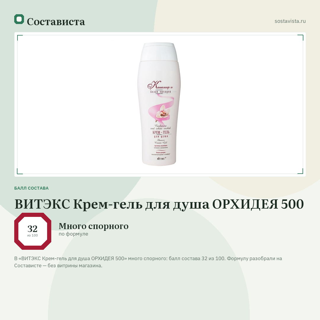 ВИТЭКС Крем-гель для душа ОРХИДЕЯ 500: балл состава 32 из 100 — Состависта