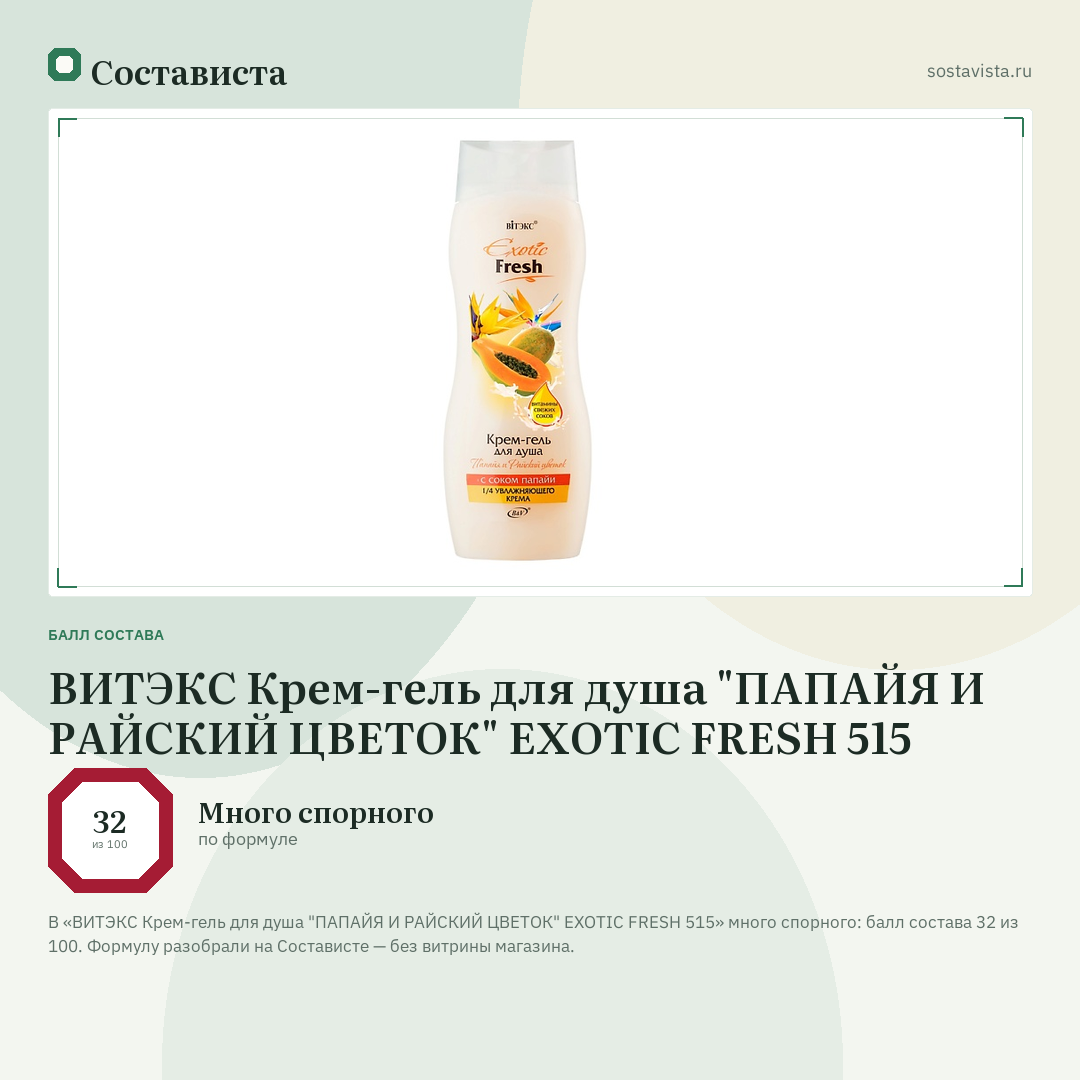 ВИТЭКС Крем-гель для душа "ПАПАЙЯ И РАЙСКИЙ ЦВЕТОК" EXOTIC FRESH 515: балл состава 32 из 100 — Состависта