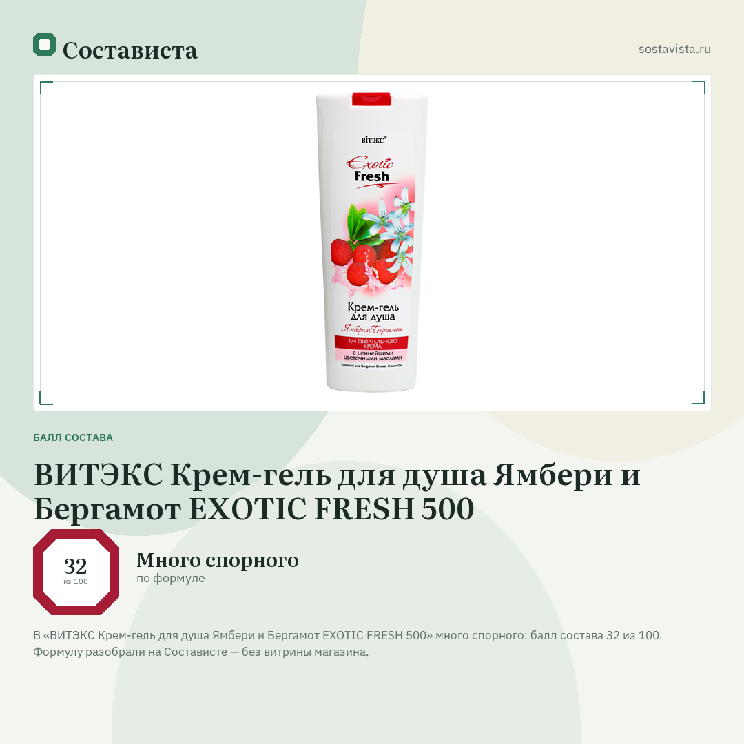 ВИТЭКС Крем-гель для душа Ямбери и Бергамот EXOTIC FRESH 500: балл состава 32 из 100 — Состависта