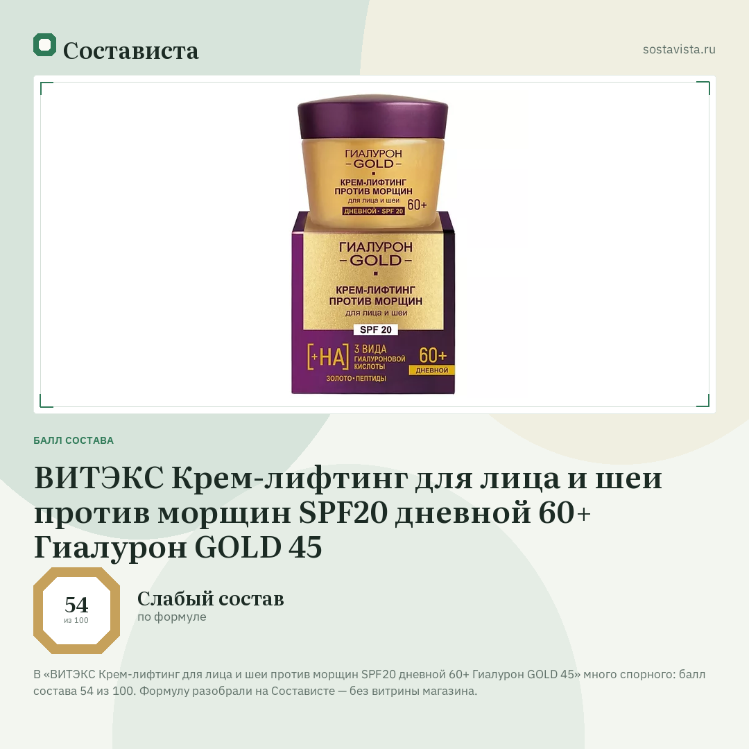 ВИТЭКС Крем-лифтинг для лица и шеи против морщин SPF20 дневной 60+ Гиалурон GOLD 45: балл состава 54 из 100 — Состависта