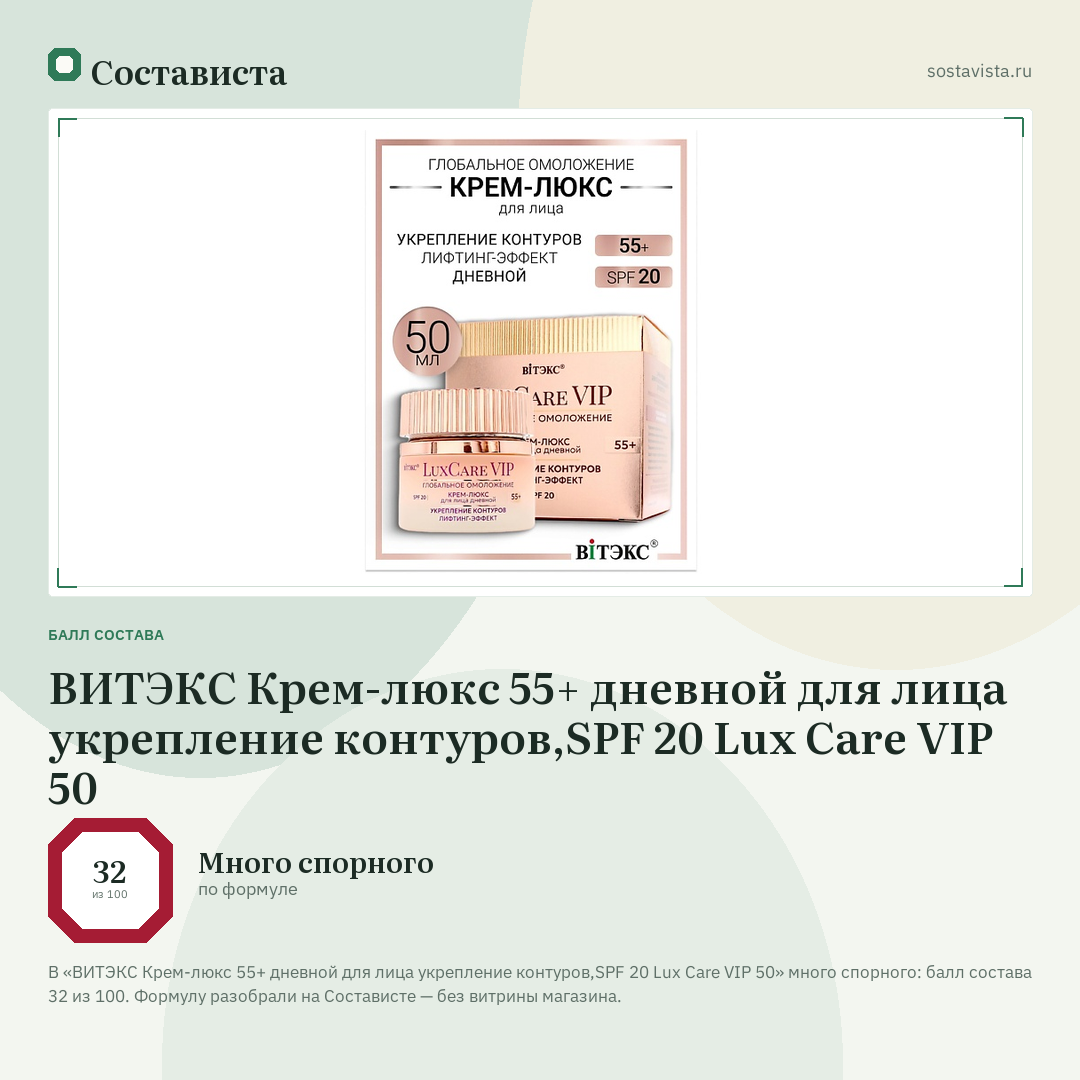 ВИТЭКС Крем-люкс 55+ дневной для лица укрепление контуров,SPF 20 Lux Care VIP 50: балл состава 32 из 100 — Состависта