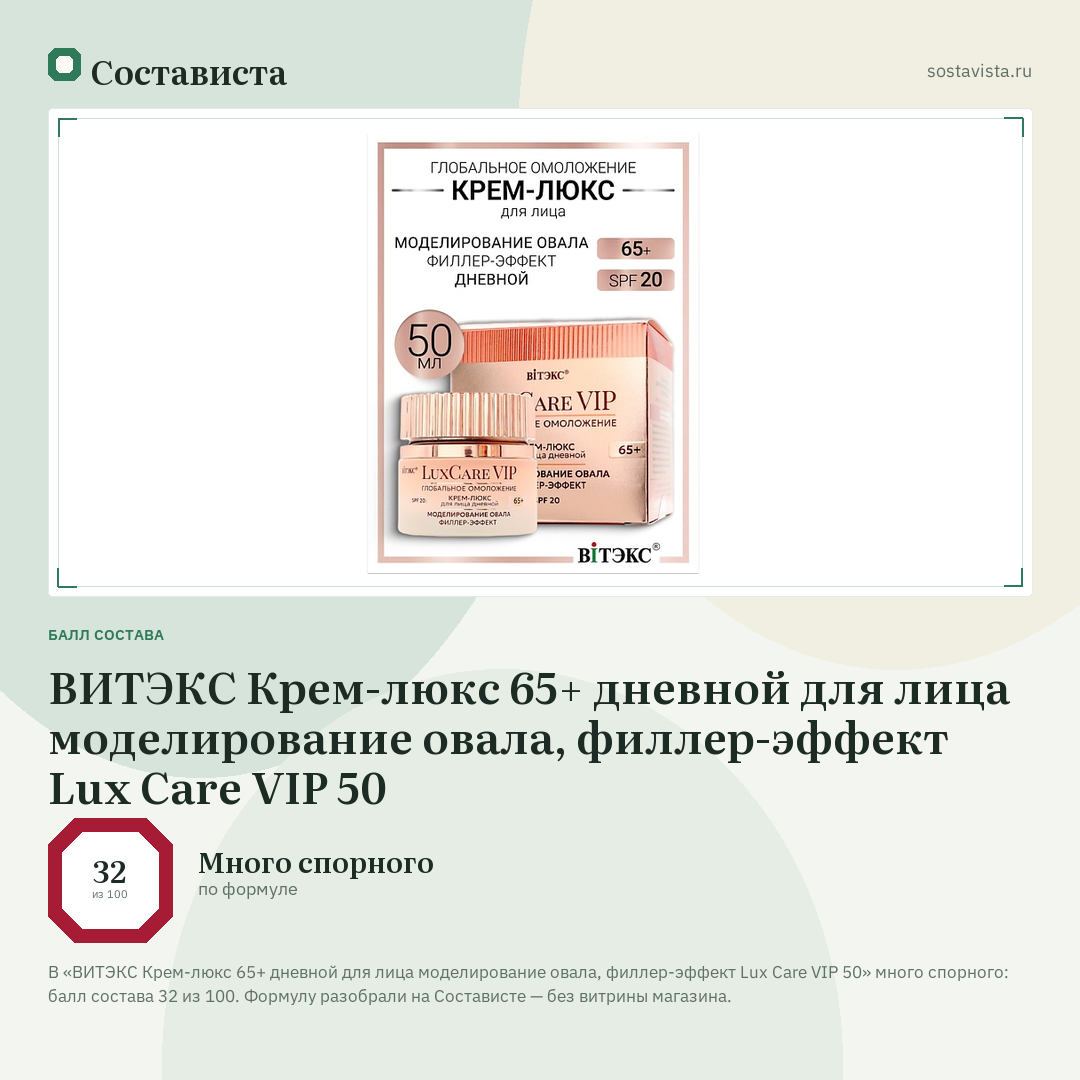 ВИТЭКС Крем-люкс 65+ дневной для лица моделирование овала, филлер-эффект Lux Care VIP 50: балл состава 32 из 100 — Состависта