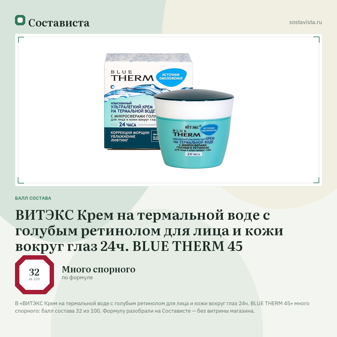 ВИТЭКС Крем на термальной воде с голубым ретинолом для лица и кожи вокруг глаз 24ч. BLUE THERM 45: балл состава 32 из 100 — Состависта