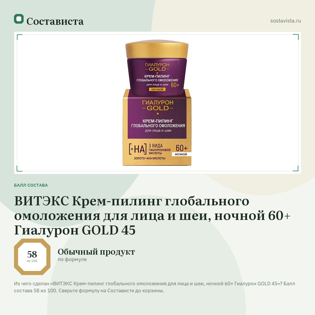 ВИТЭКС Крем-пилинг глобального омоложения для лица и шеи, ночной 60+ Гиалурон GOLD 45: балл состава 58 из 100 — Состависта