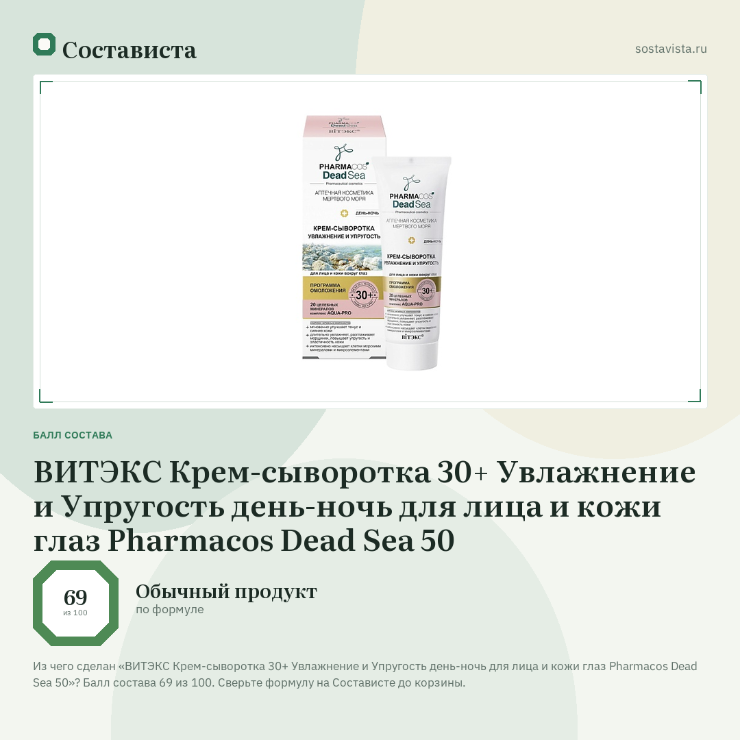 ВИТЭКС Крем-сыворотка 30+ Увлажнение и Упругость день-ночь для лица и кожи глаз Pharmacos Dead Sea 50: балл состава 69 из 100 — Состависта