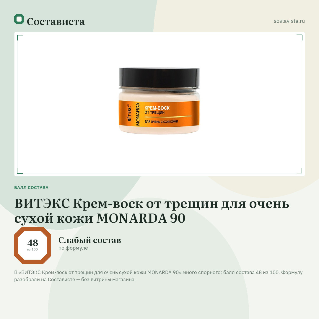 ВИТЭКС Крем-воск от трещин для очень сухой кожи MONARDA 90: балл состава 48 из 100 — Состависта