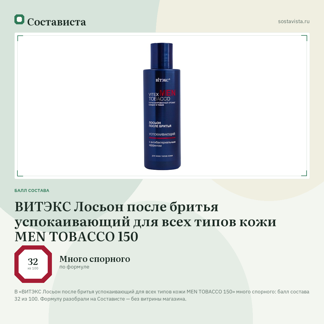 ВИТЭКС Лосьон после бритья успокаивающий для всех типов кожи MEN TOBACCO 150: балл состава 32 из 100 — Состависта