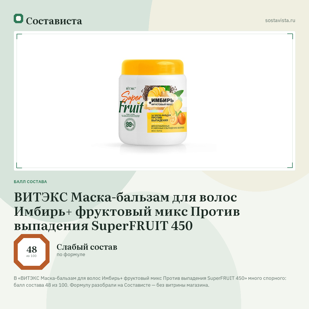 ВИТЭКС Маска-бальзам для волос Имбирь+ фруктовый микс Против выпадения SuperFRUIT 450: балл состава 48 из 100 — Состависта