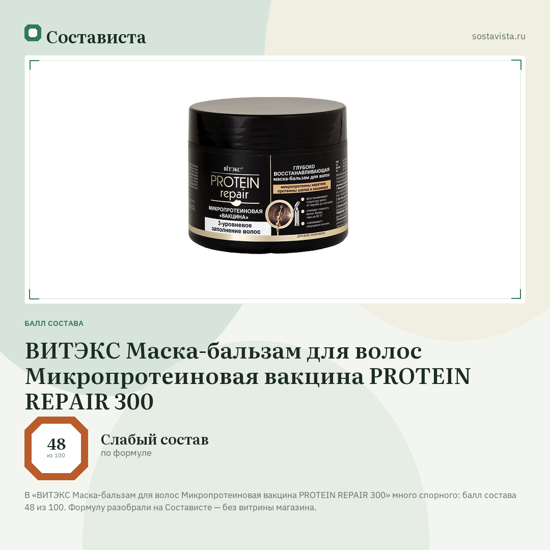 ВИТЭКС Маска-бальзам для волос Микропротеиновая вакцина PROTEIN REPAIR 300: балл состава 48 из 100 — Состависта