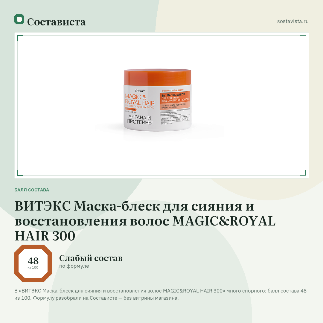 ВИТЭКС Маска-блеск для сияния и восстановления волос MAGIC&ROYAL HAIR 300: балл состава 48 из 100 — Состависта