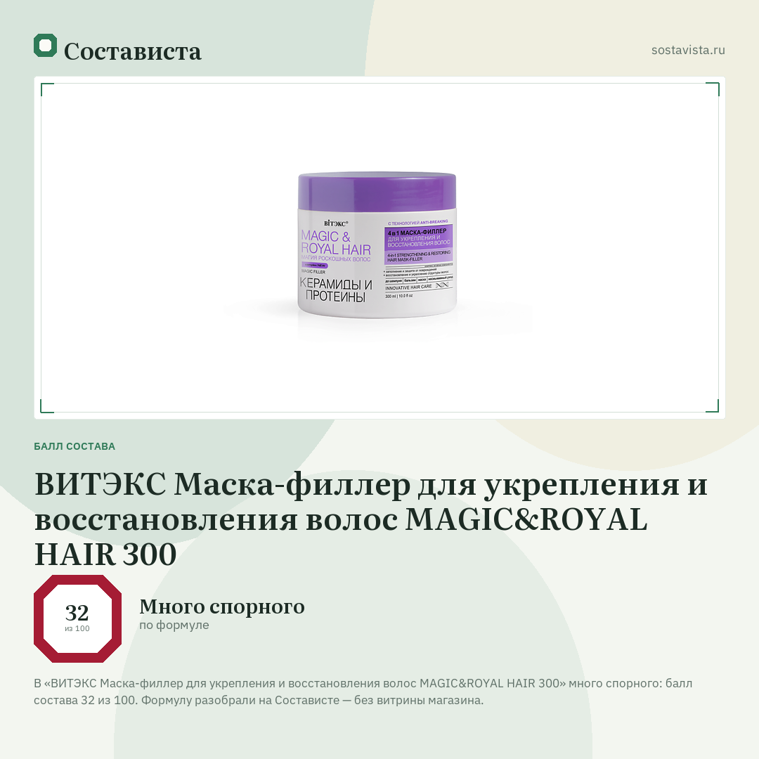 ВИТЭКС Маска-филлер для укрепления и восстановления волос MAGIC&ROYAL HAIR 300: балл состава 32 из 100 — Состависта