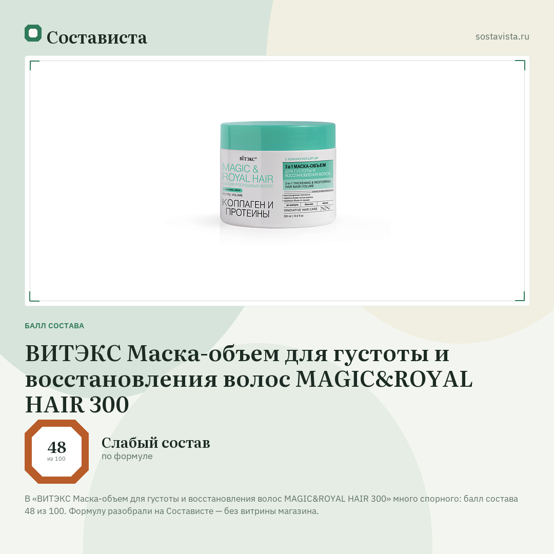 ВИТЭКС Маска-объем для густоты и восстановления волос MAGIC&ROYAL HAIR 300: балл состава 48 из 100 — Состависта