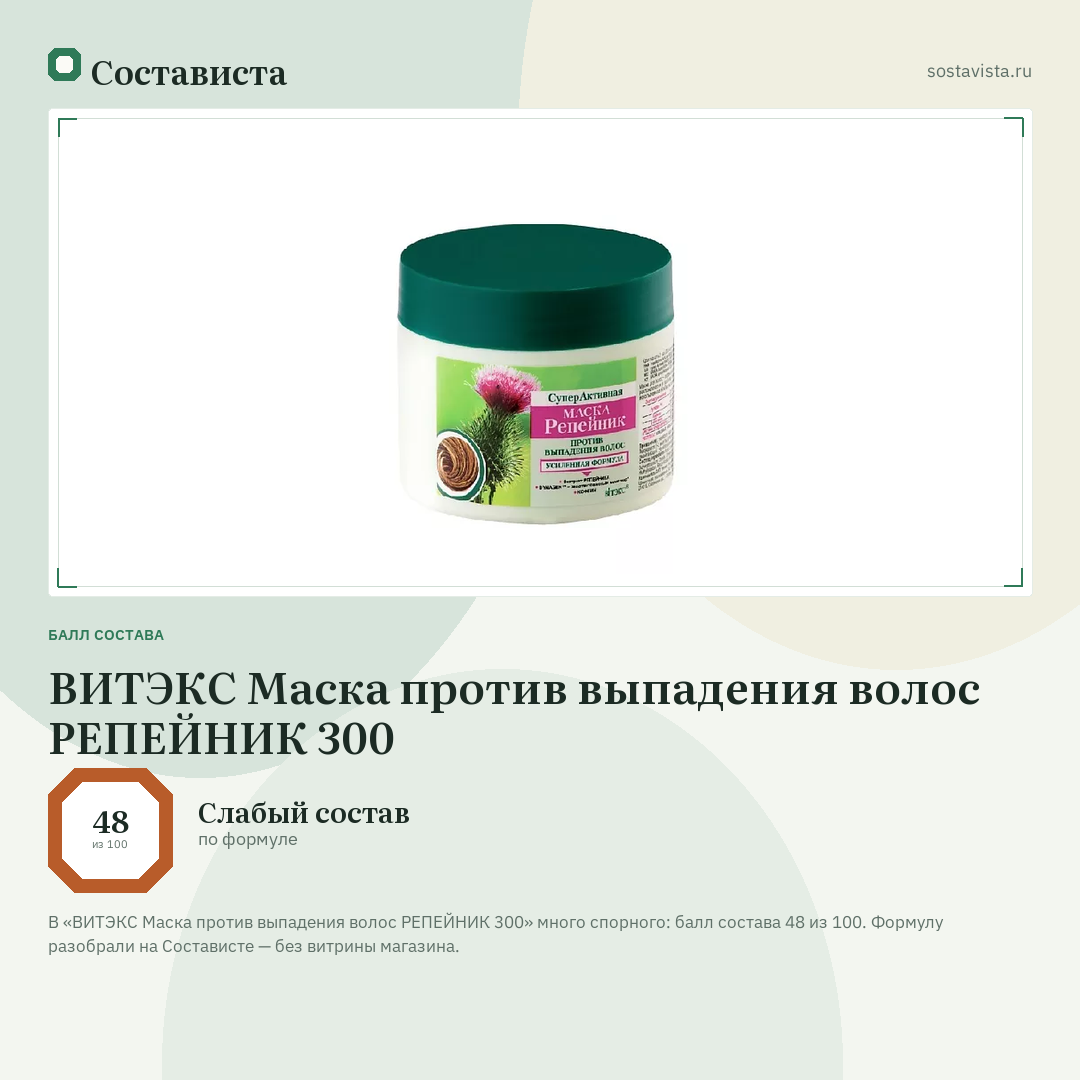 ВИТЭКС Маска против выпадения волос РЕПЕЙНИК 300: балл состава 48 из 100 — Состависта