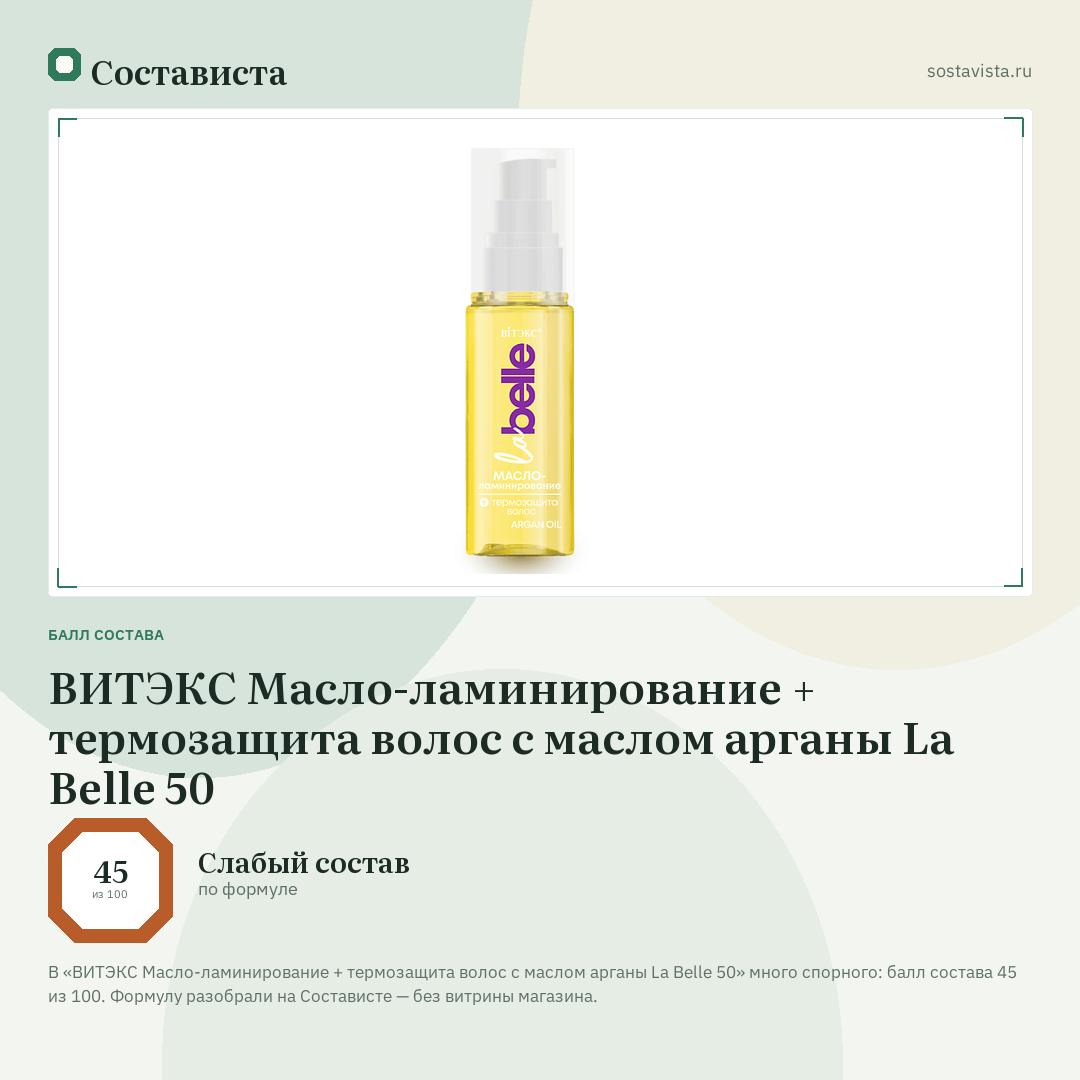 ВИТЭКС Масло-ламинирование + термозащита волос с маслом арганы La Belle 50: балл состава 45 из 100 — Состависта