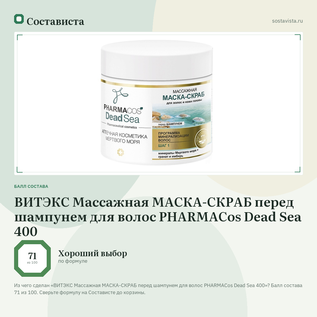 ВИТЭКС Массажная МАСКА-СКРАБ перед шампунем для волос PHARMACos Dead Sea 400: балл состава 71 из 100 — Состависта