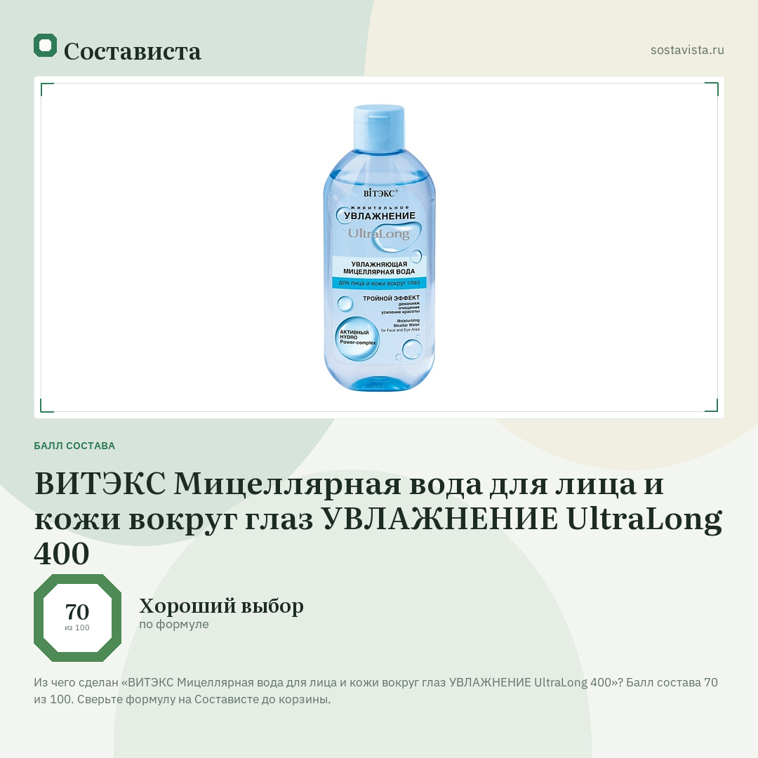 ВИТЭКС Мицеллярная вода для лица и кожи вокруг глаз УВЛАЖНЕНИЕ UltraLong 400: балл состава 70 из 100 — Состависта