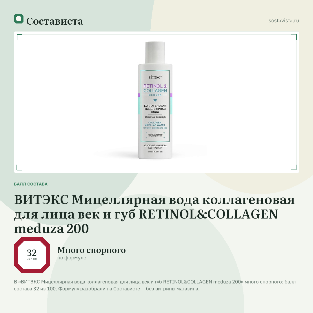 ВИТЭКС Мицеллярная вода коллагеновая для лица век и губ RETINOL&COLLAGEN meduza 200: балл состава 32 из 100 — Состависта