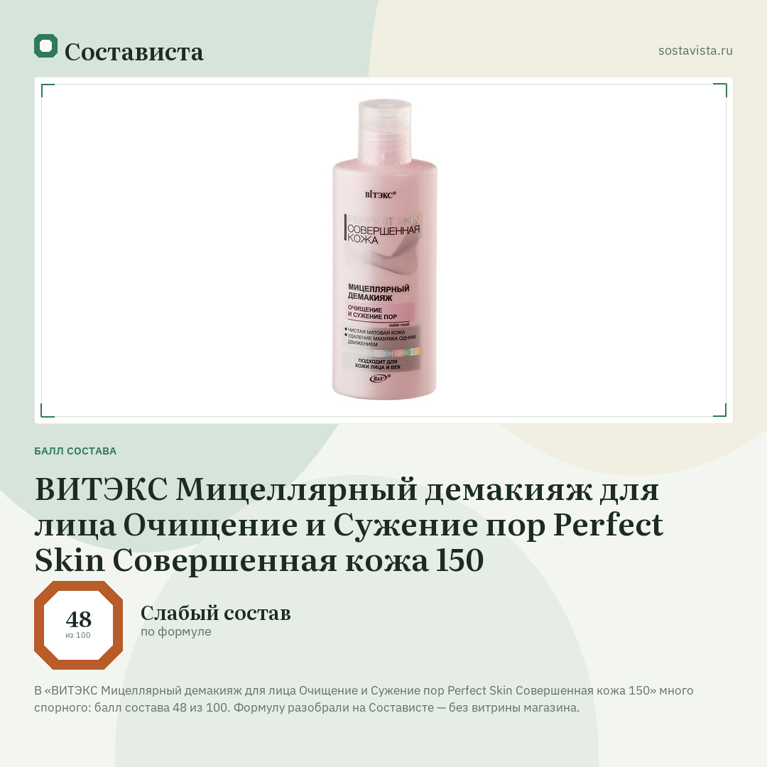 ВИТЭКС Мицеллярный демакияж для лица Очищение и Сужение пор Perfect Skin Совершенная кожа 150: балл состава 48 из 100 — Состависта