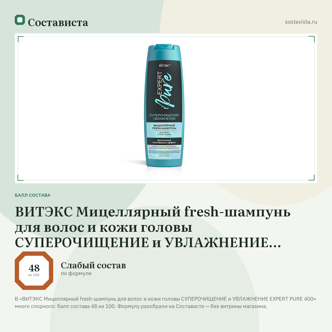 ВИТЭКС Мицеллярный fresh-шампунь для волос и кожи головы СУПЕРОЧИЩЕНИЕ и УВЛАЖНЕНИЕ EXPERT PURE 400: балл состава 48 из 100 — Состависта