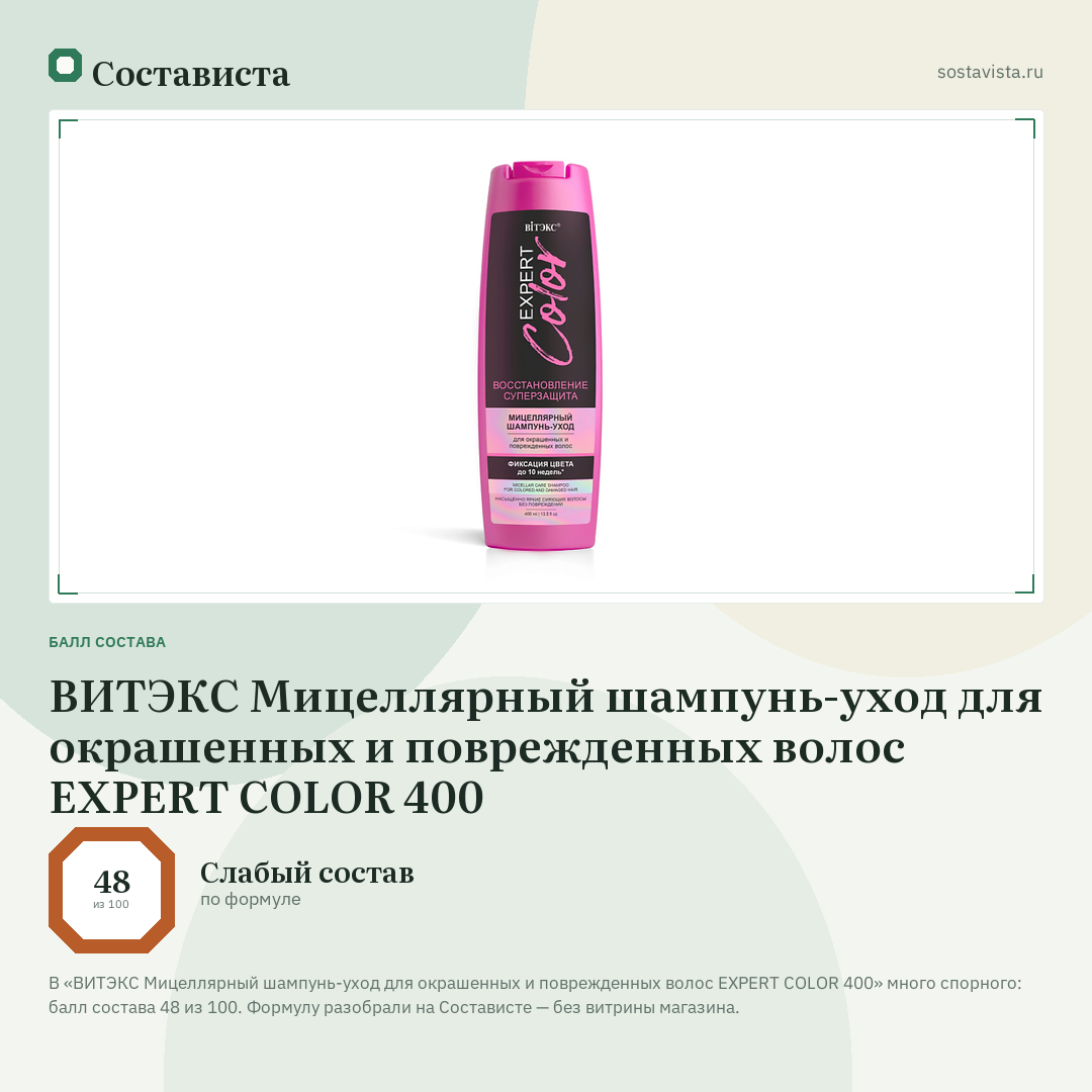 ВИТЭКС Мицеллярный шампунь-уход для окрашенных и поврежденных волос EXPERT COLOR 400: балл состава 48 из 100 — Состависта