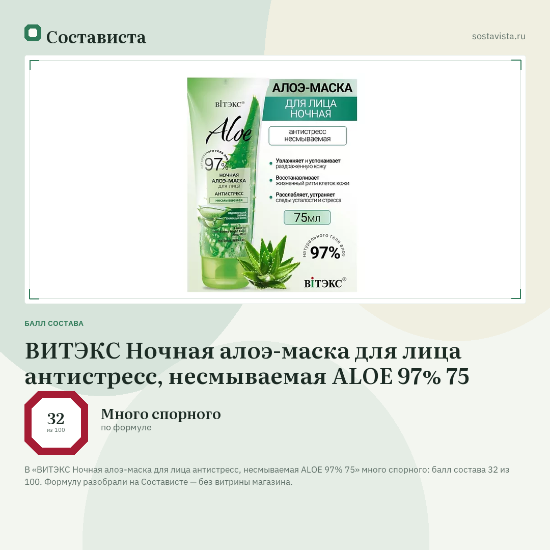 ВИТЭКС Ночная алоэ-маска для лица антистресс, несмываемая ALOE 97% 75: балл состава 32 из 100 — Состависта