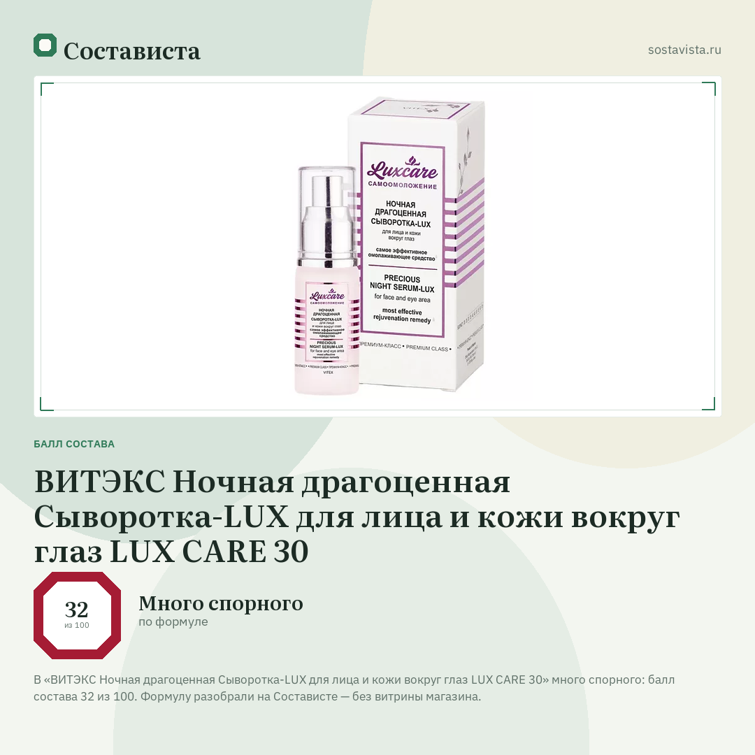 ВИТЭКС Ночная драгоценная Сыворотка-LUX для лица и кожи вокруг глаз LUX CARE 30: балл состава 32 из 100 — Состависта