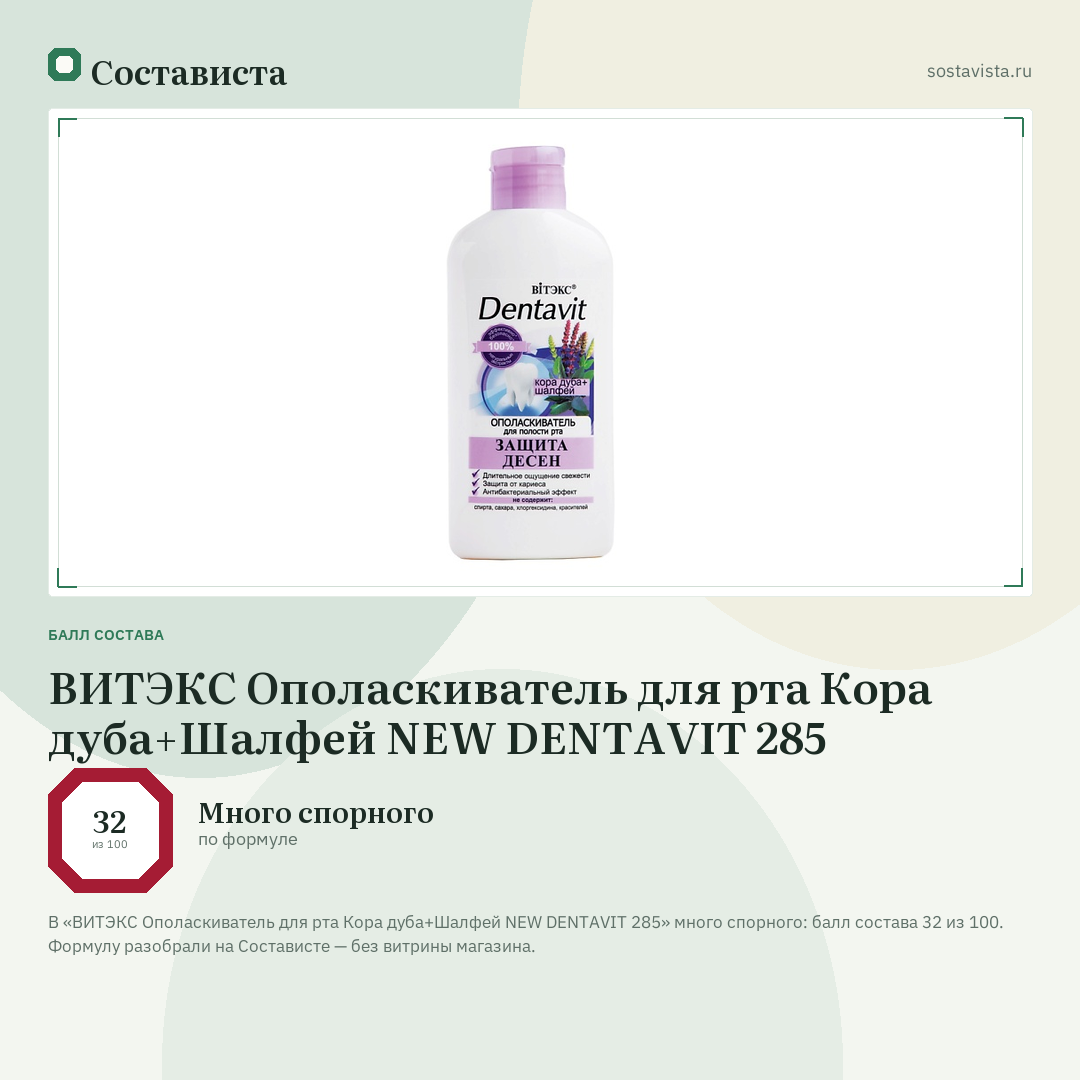 ВИТЭКС Ополаскиватель для рта Кора дуба+Шалфей NEW DENTAVIT 285: балл состава 32 из 100 — Состависта