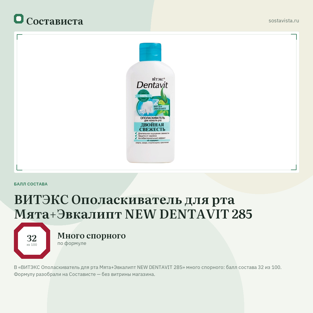 ВИТЭКС Ополаскиватель для рта Мята+Эвкалипт NEW DENTAVIT 285: балл состава 32 из 100 — Состависта