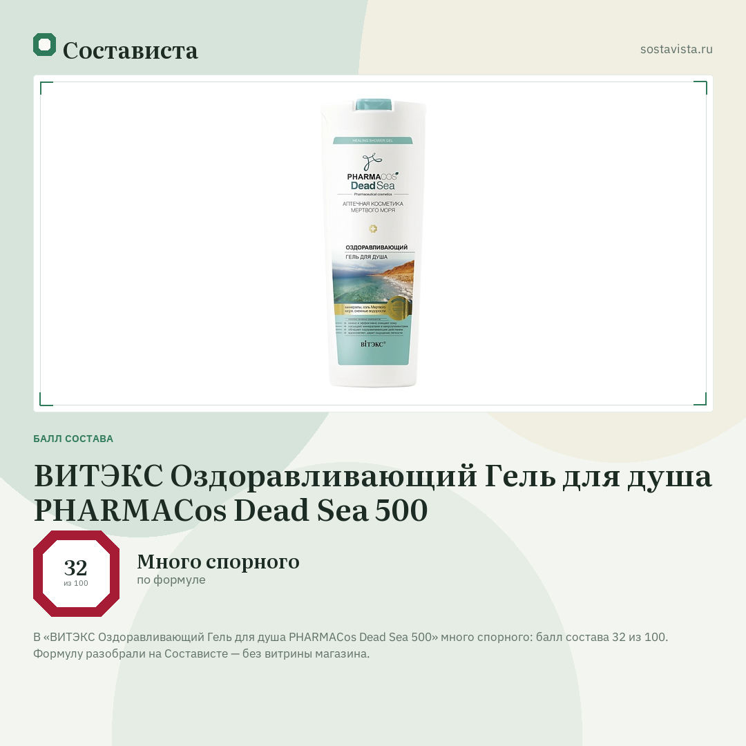 ВИТЭКС Оздоравливающий Гель для душа PHARMACos Dead Sea 500: балл состава 32 из 100 — Состависта