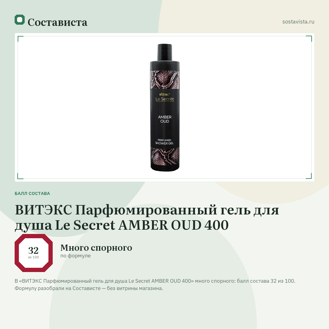 ВИТЭКС Парфюмированный гель для душа Le Secret AMBER OUD 400: балл состава 32 из 100 — Состависта