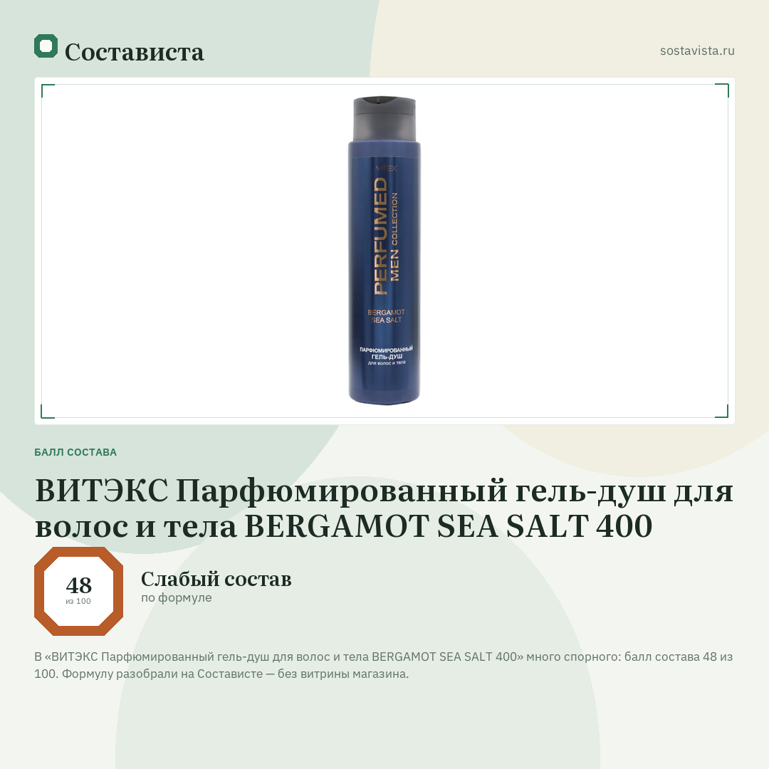 ВИТЭКС Парфюмированный гель-душ для волос и тела BERGAMOT SEA SALT 400: балл состава 48 из 100 — Состависта