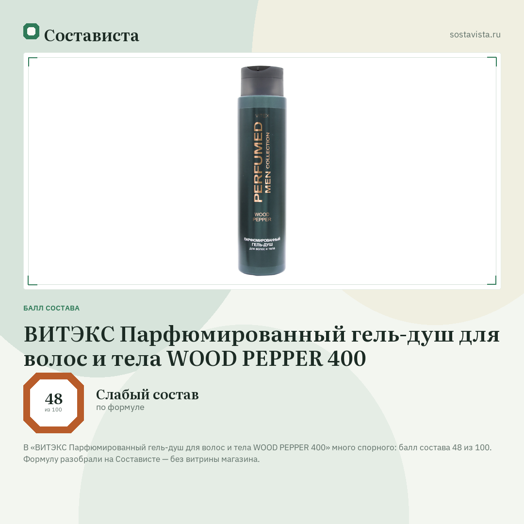 ВИТЭКС Парфюмированный гель-душ для волос и тела WOOD PEPPER 400: балл состава 48 из 100 — Состависта