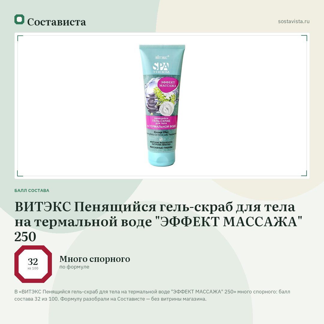 ВИТЭКС Пенящийся гель-скраб для тела на термальной воде "ЭФФЕКТ МАССАЖА" 250: балл состава 32 из 100 — Состависта