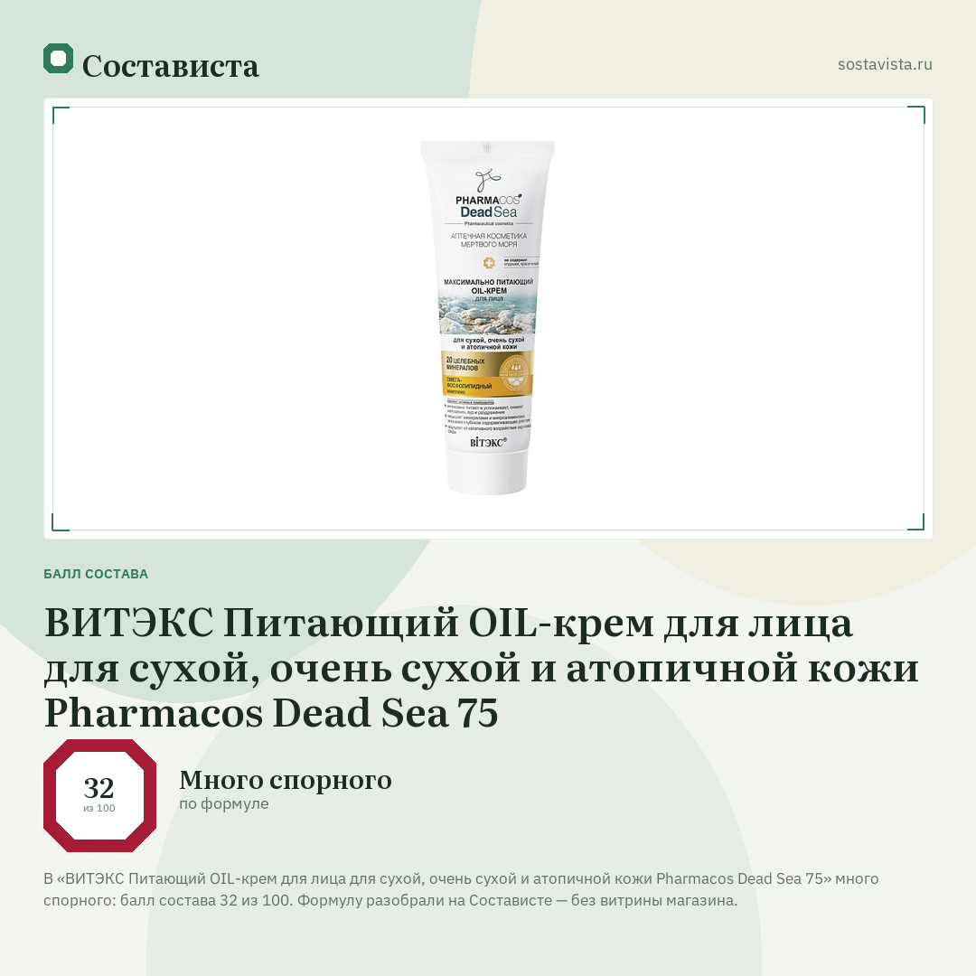 ВИТЭКС Питающий OIL-крем для лица для сухой, очень сухой и атопичной кожи Pharmacos Dead Sea 75: балл состава 32 из 100 — Состависта